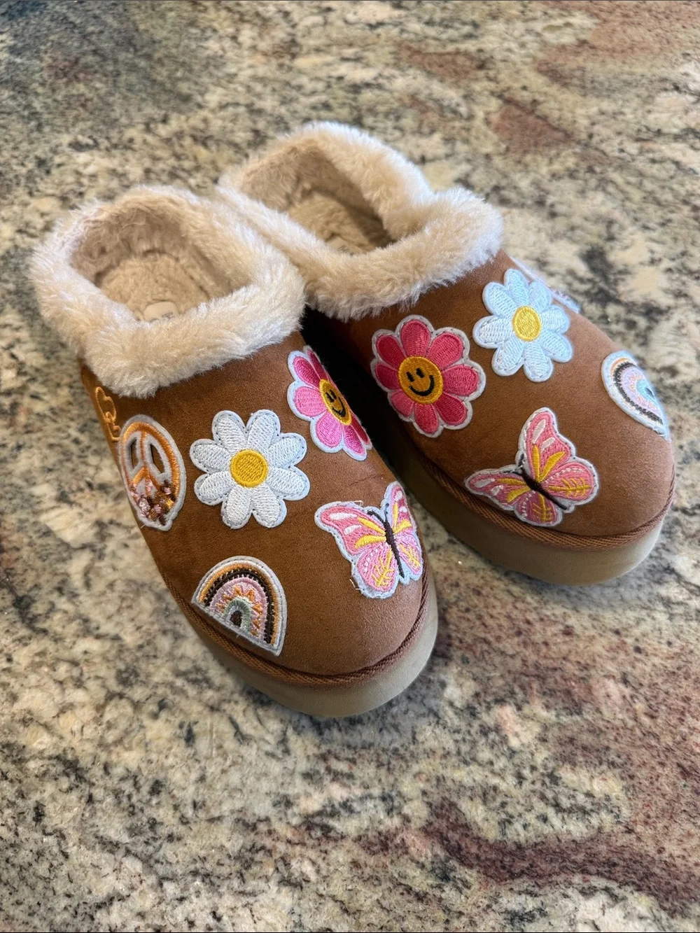 Harper Canyon Brown Kids Slippers with Colorful Floral & Butterfly Patches